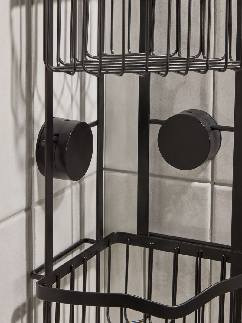 Black corner shower caddy with suction attachments 40cm height - British product