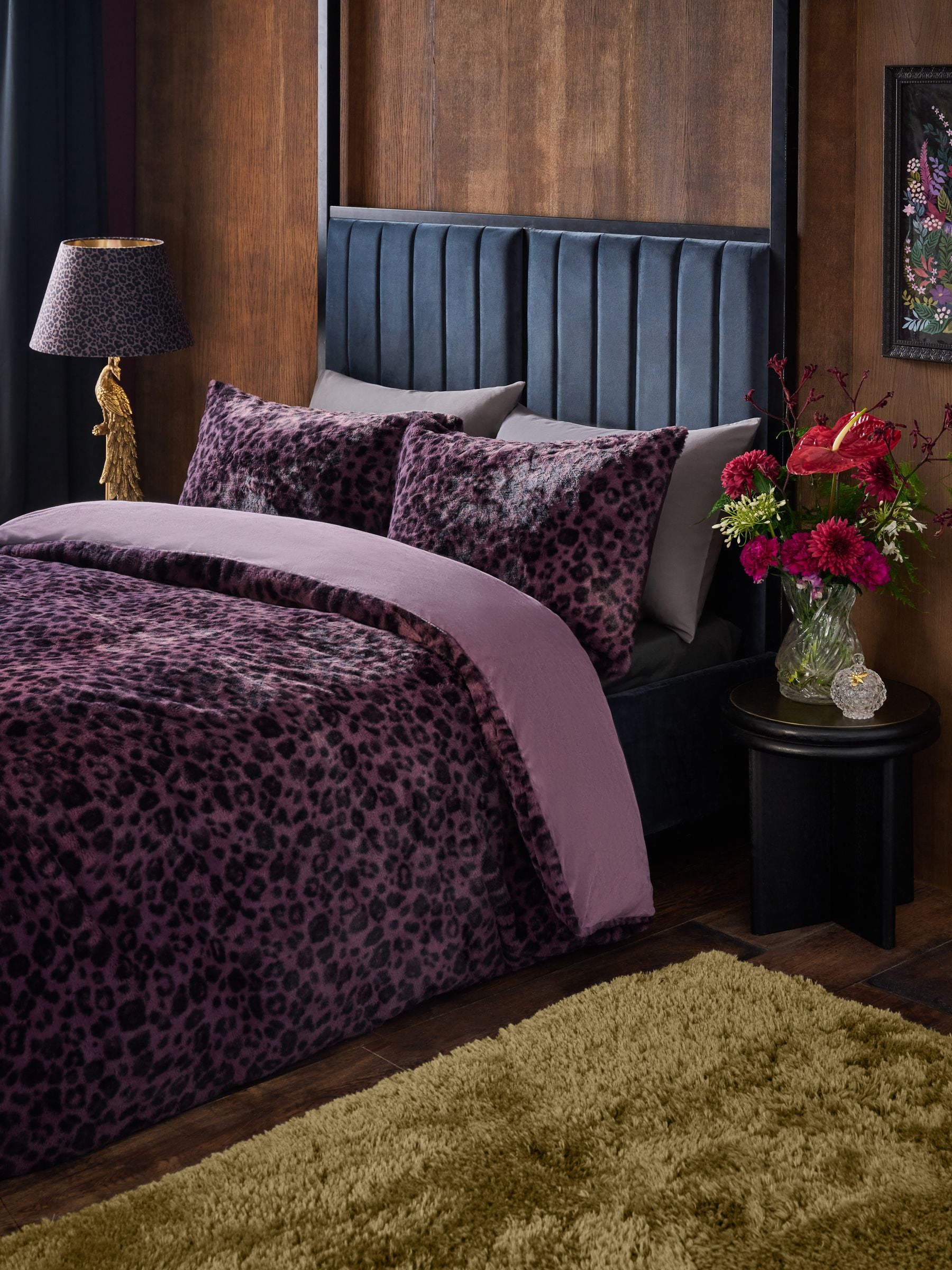 Purple leopard print faux fur duvet cover set, imported from the UK
