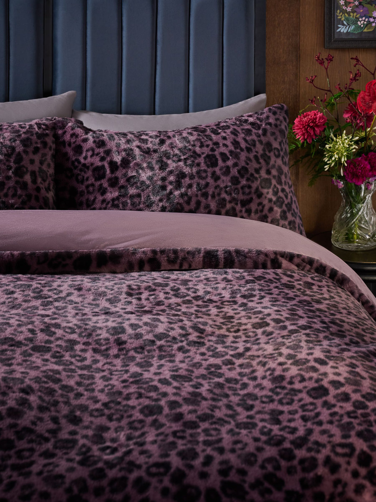 Purple leopard print faux fur duvet cover set, imported from the UK