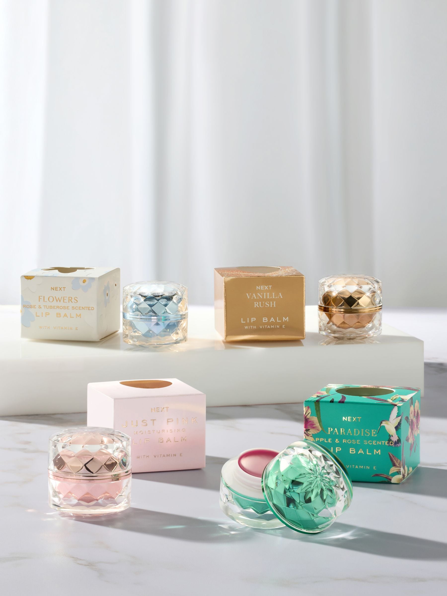Four Scented Lip Balms Set Paradise Flowers Just Pink Vanilla 5g (British brand)