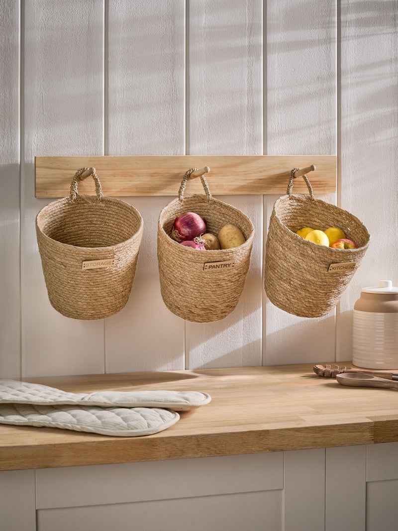 Set of 3 Natural Hanging Baskets and Wall Hooks