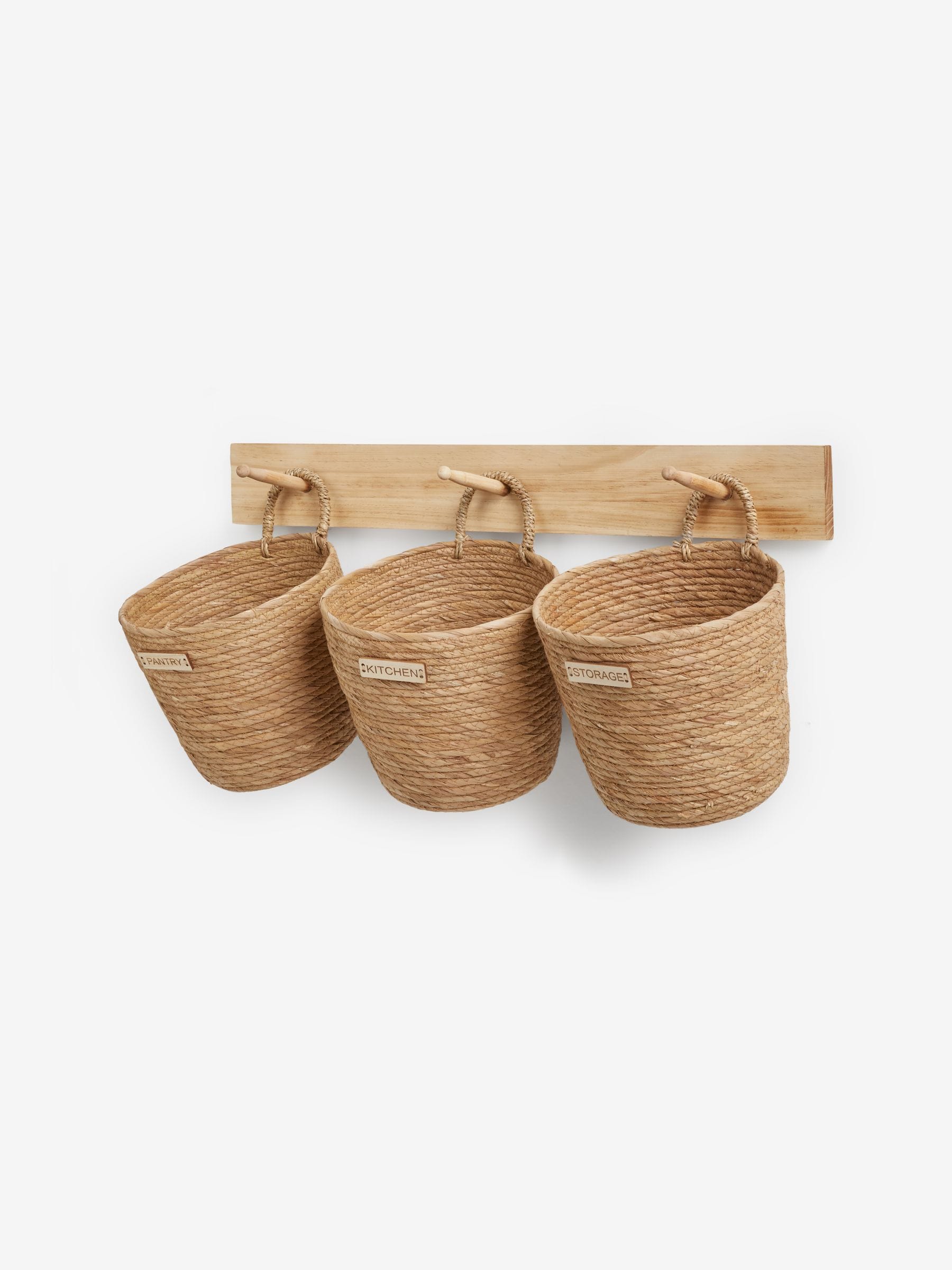 Set of 3 Natural Hanging Baskets and Wall Hooks