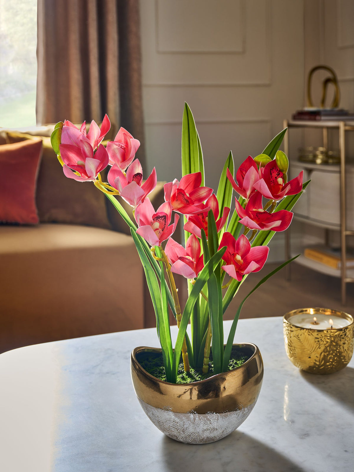 Artificial pink orchid in gold ceramic pot, 50cm tall, imported from the UK