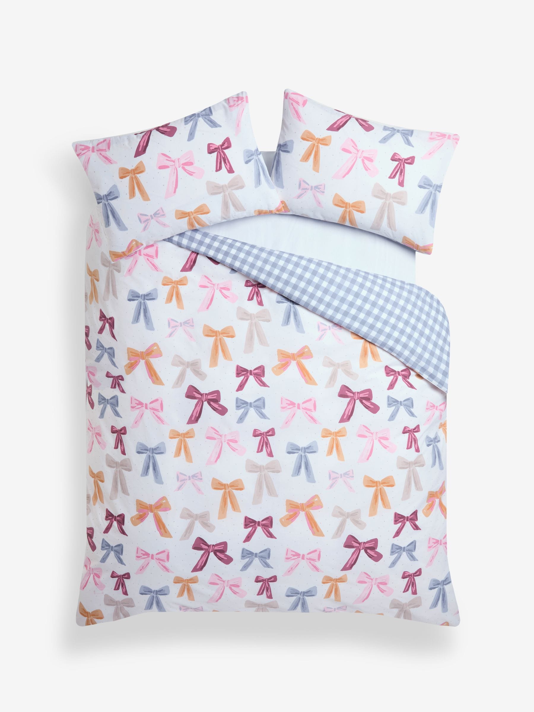 Multicolour bows reversible duvet cover and pillowcase set, imported from the UK