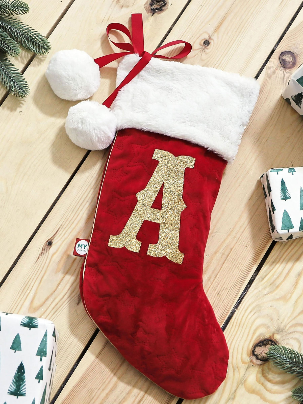 Personalised Small Red Embossed Velvet Stocking by My 1st Years