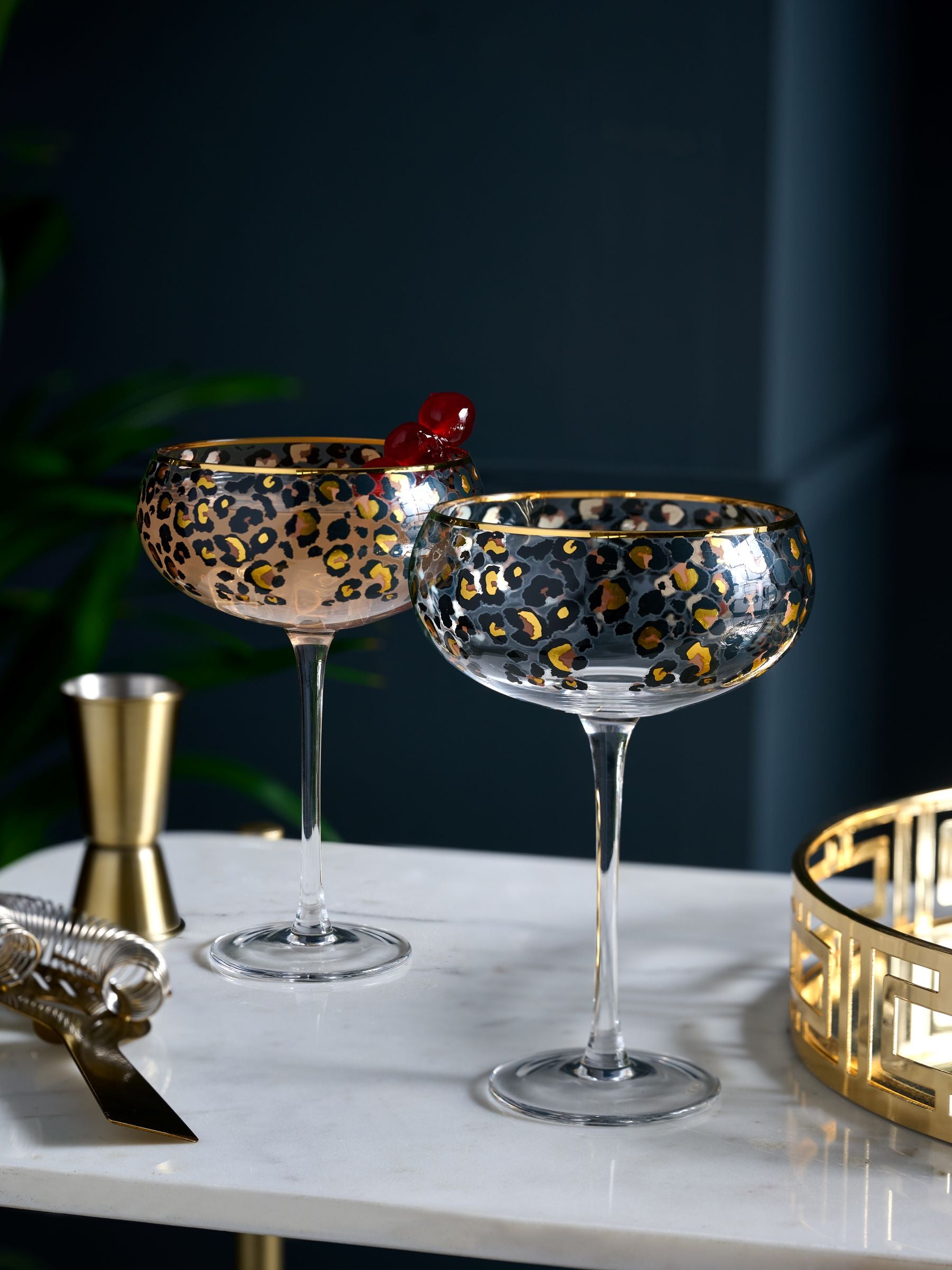 Black leopard print coupe glasses, set of 2, 17.5cm height (British brand)
