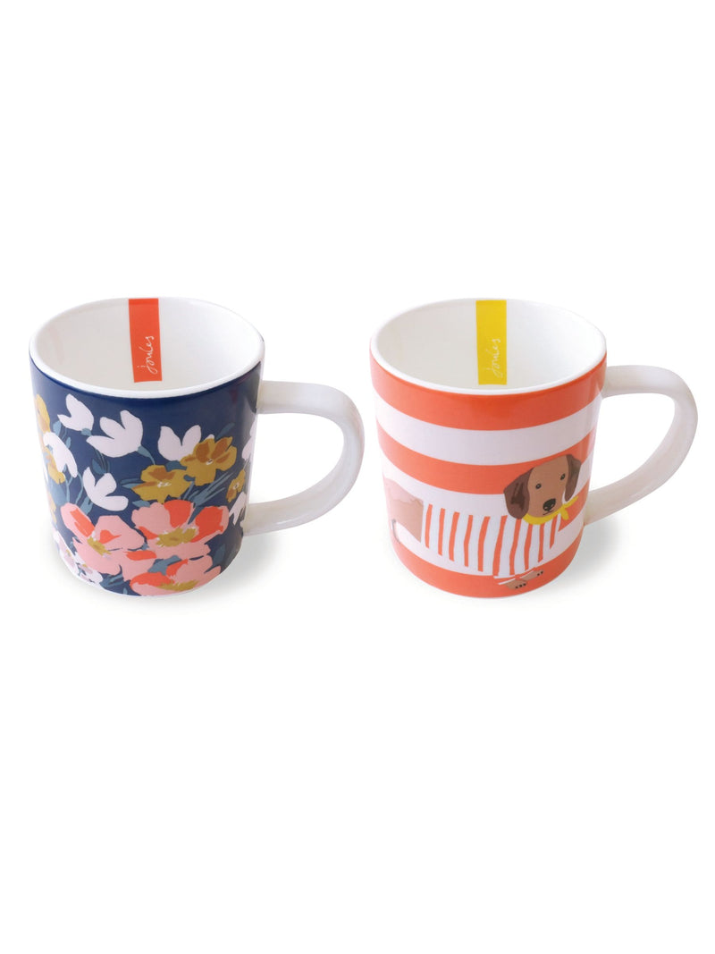 Joules Bright Side stackable ceramic mugs with two designs, UK version
