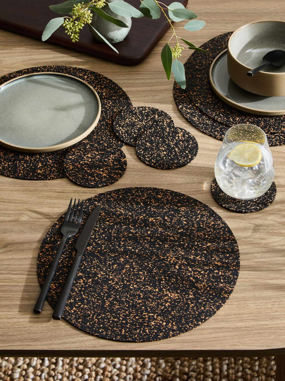 Natural black cork placemats and coasters set of 4 (British brand)