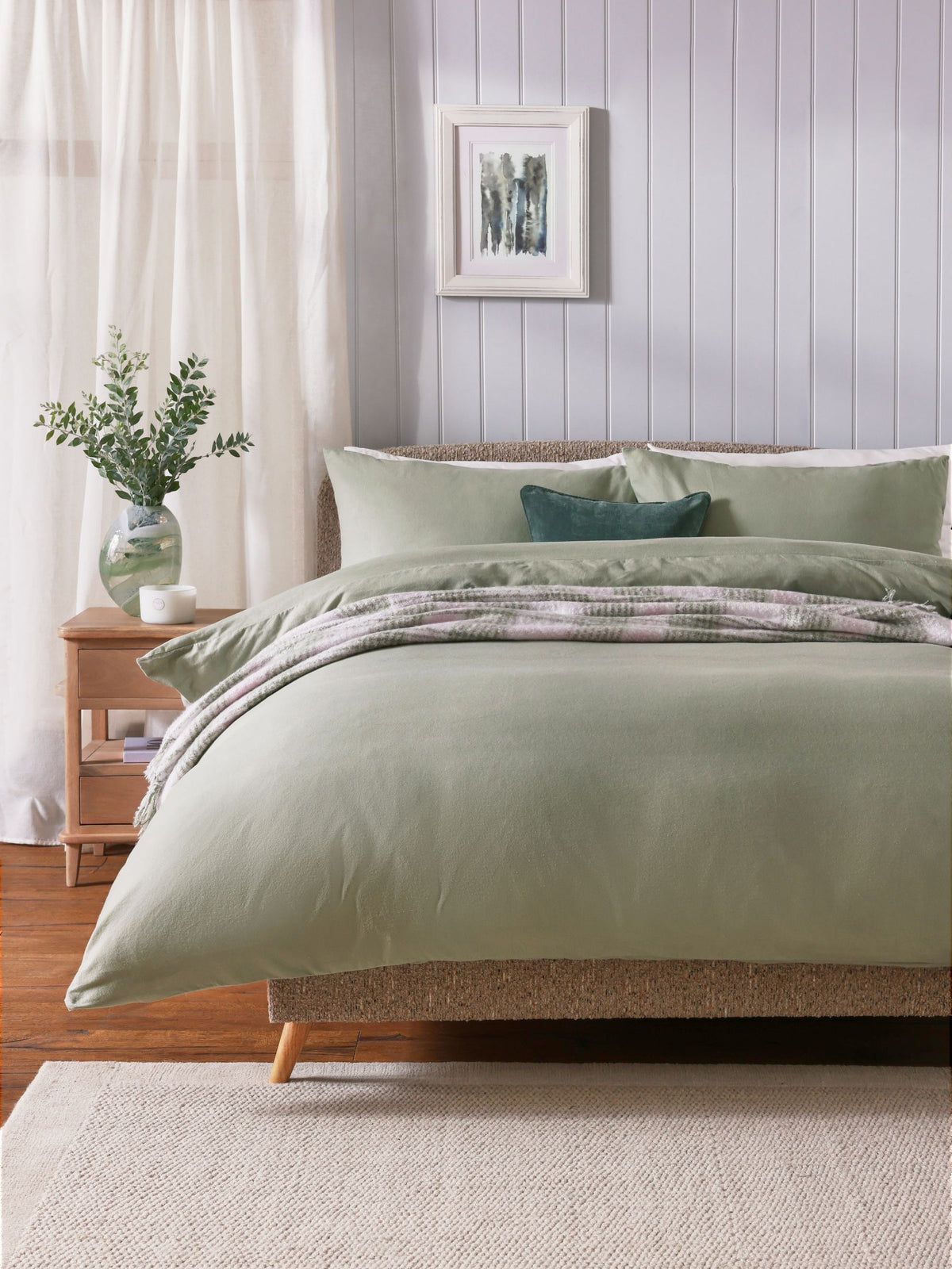 Sage green brushed cotton duvet cover and pillowcase set (British brand)