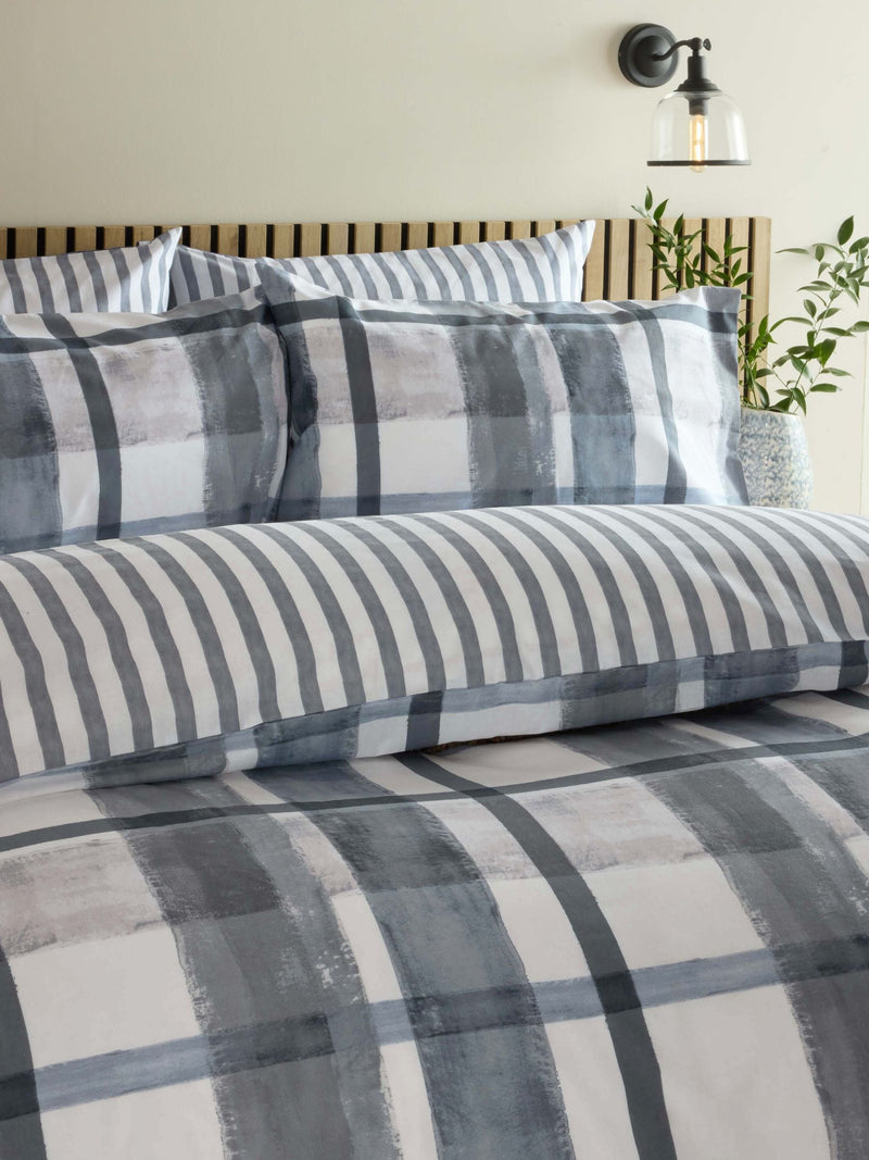 Navy blue check reversible duvet cover and pillowcase set, imported from the UK