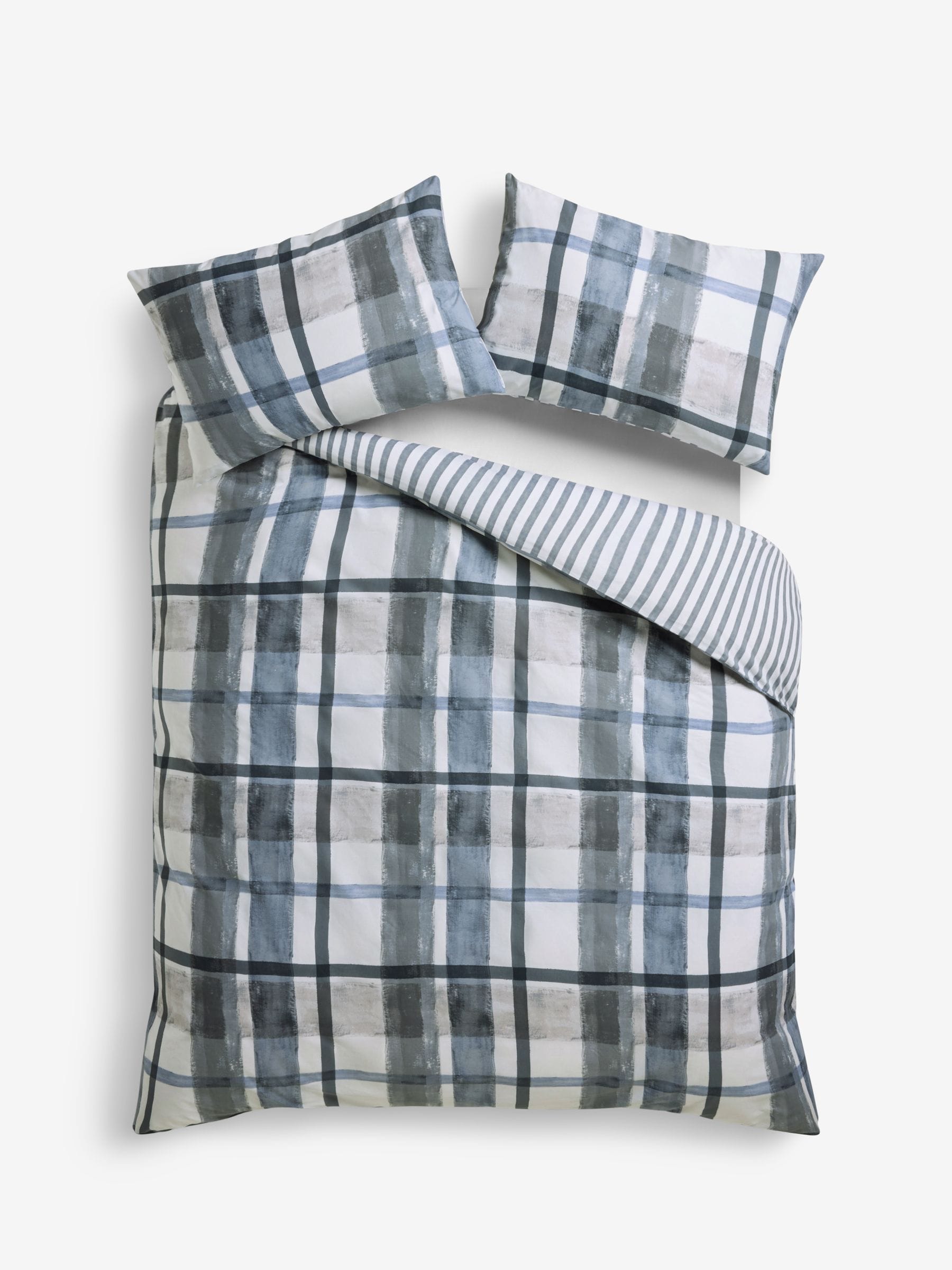 Navy blue check reversible duvet cover and pillowcase set, imported from the UK