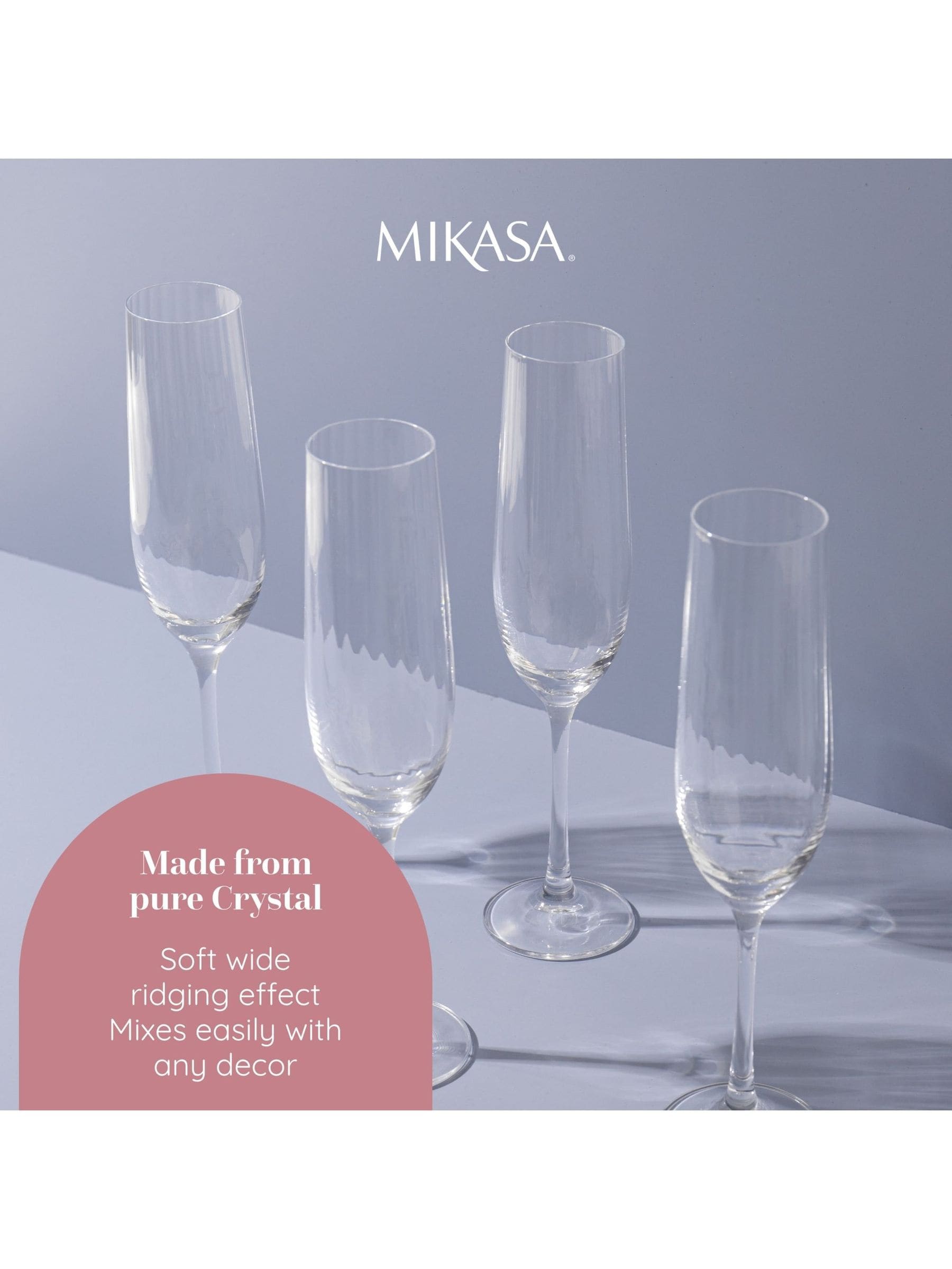 Mikasa Treviso ribbed crystal champagne flutes set of 4, imported from the UK