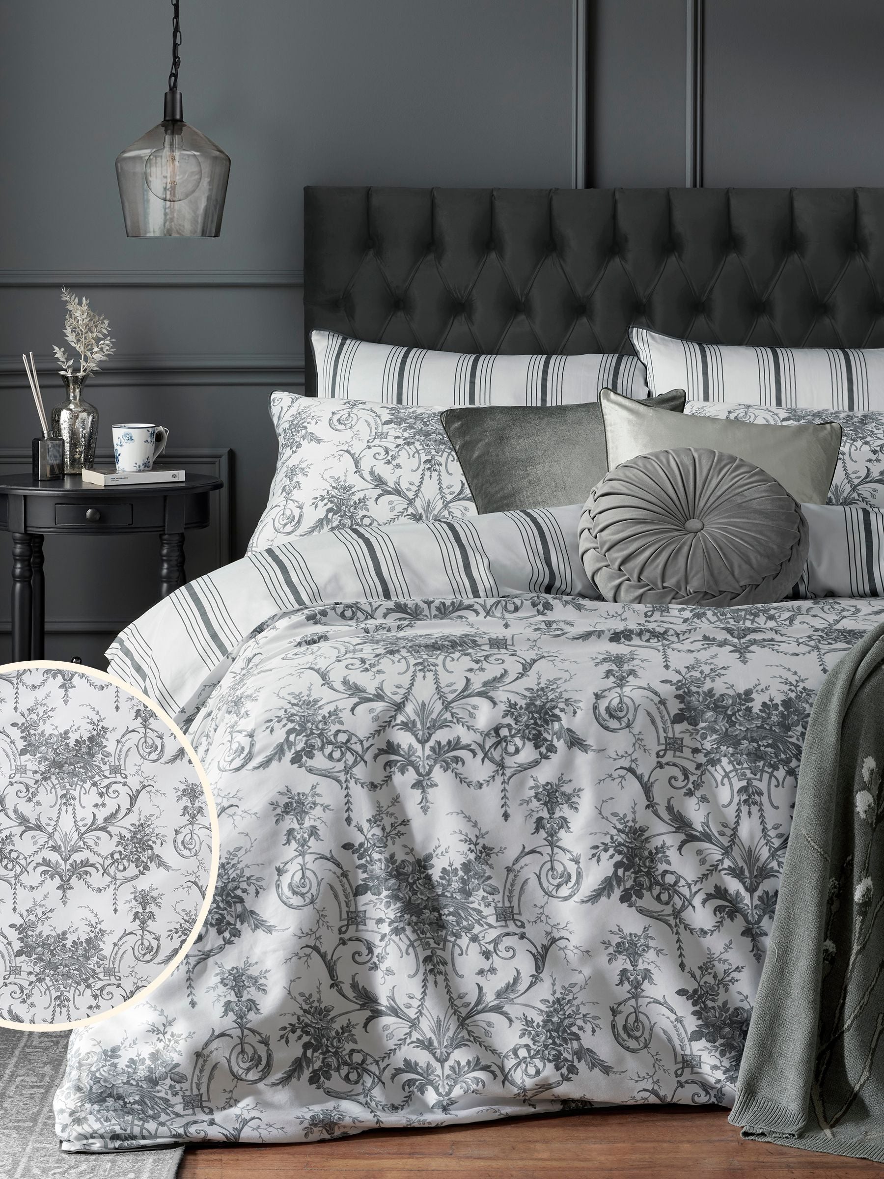 Laura Ashley Grey Charcoal Reversible 100% Cotton Sateen 200 Thread Count Tuileries Duvet Cover and Pillowcase Set