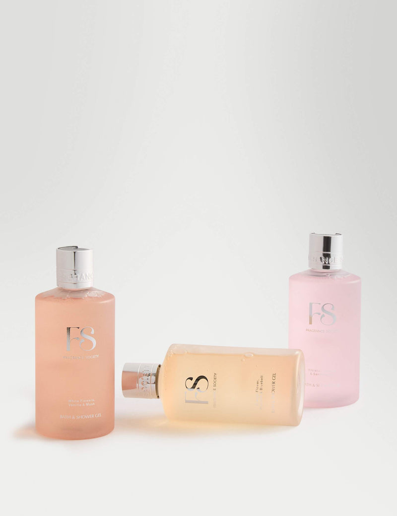 Fragrance Society Bath and Shower Gel Trio with three floral scents - British product