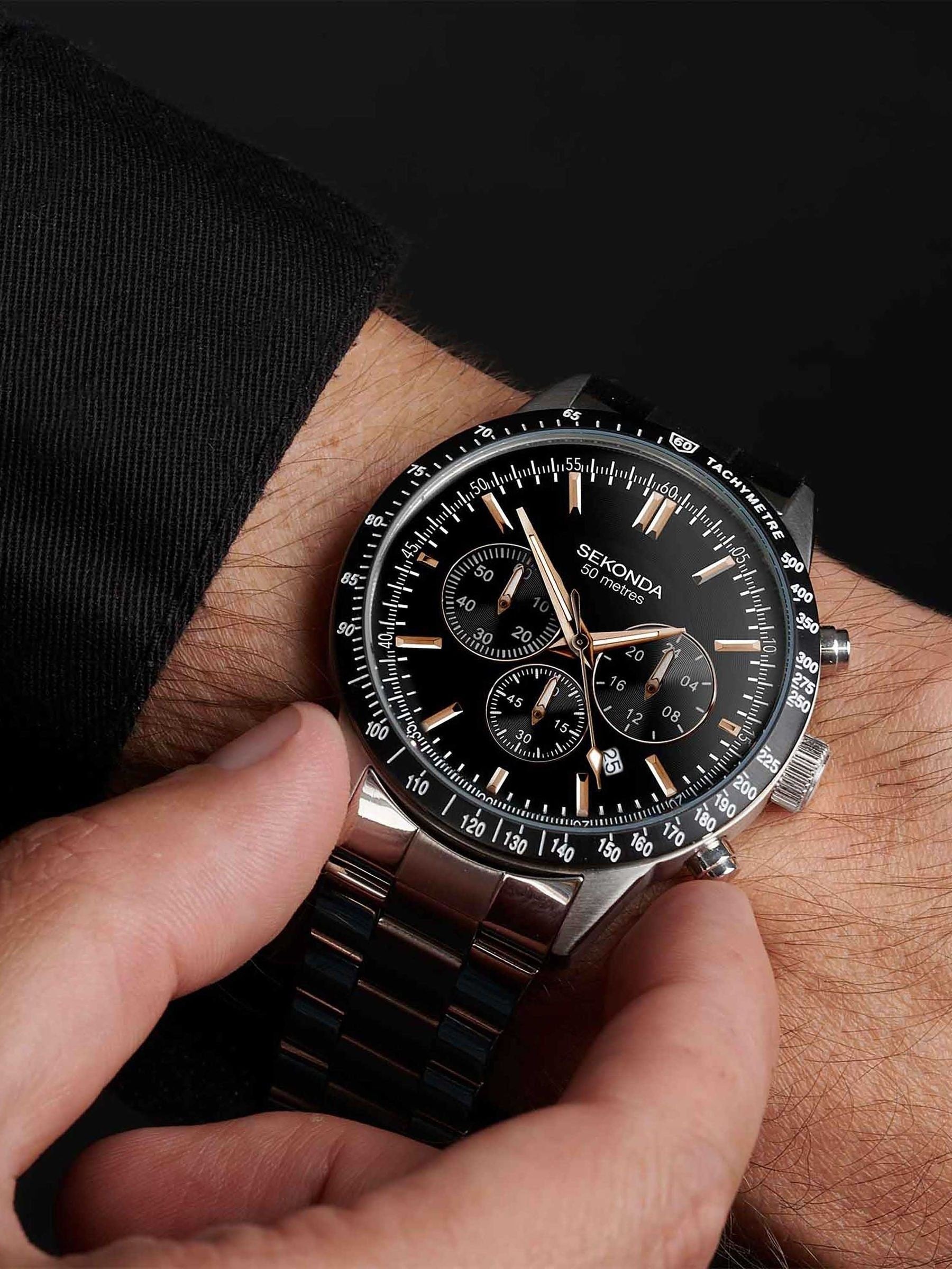 Sekonda Black Stainless Steel Bracelet Chronograph Watch 45mm (British brand)