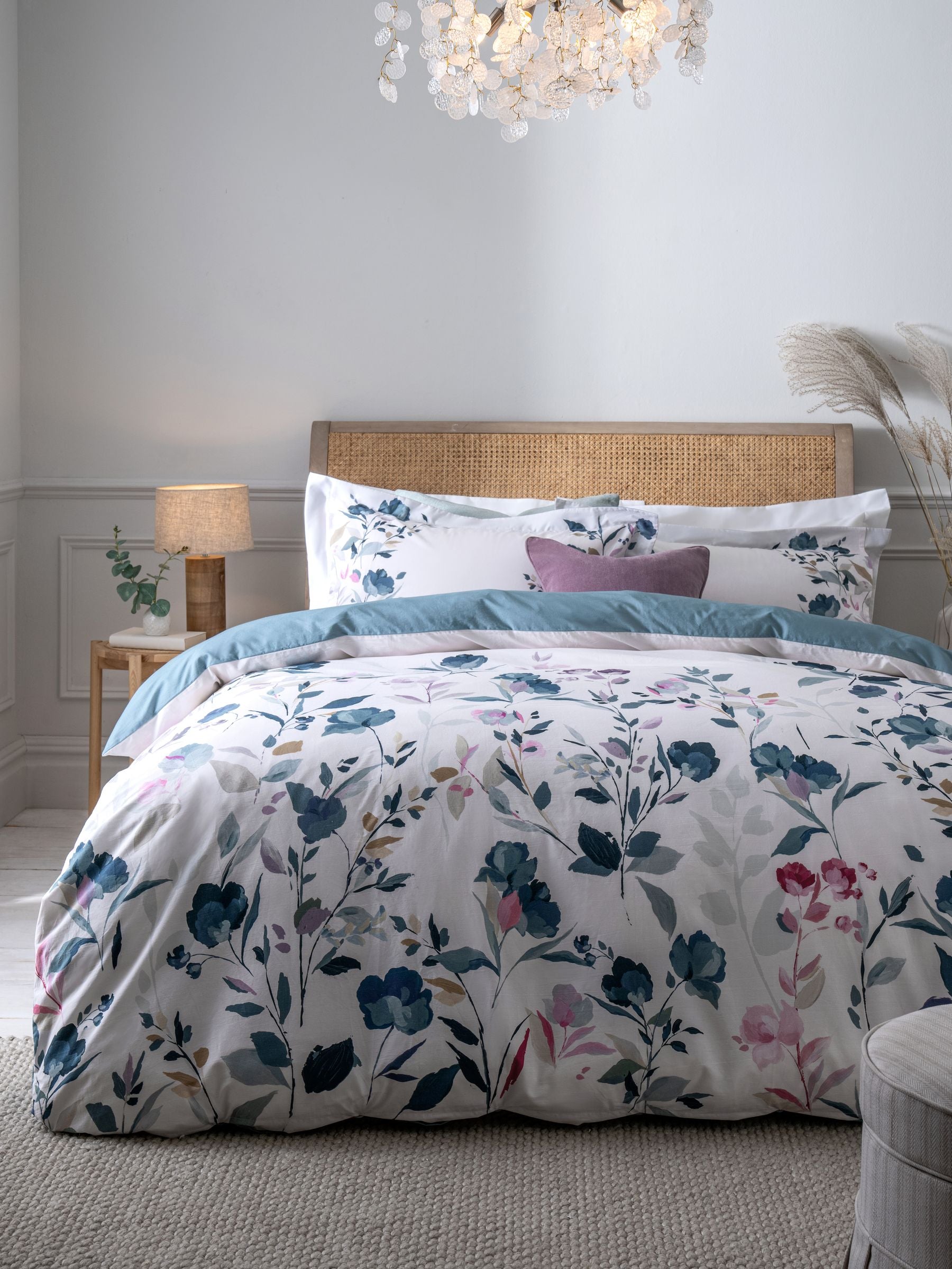 Blue/White Floral Oxford Edge Reversible 100% Cotton Duvet Cover and Pillowcase Set