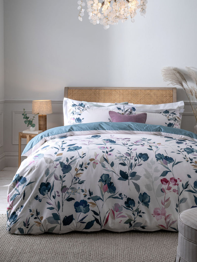 Blue/White Floral Oxford Edge Reversible 100% Cotton Duvet Cover and Pillowcase Set