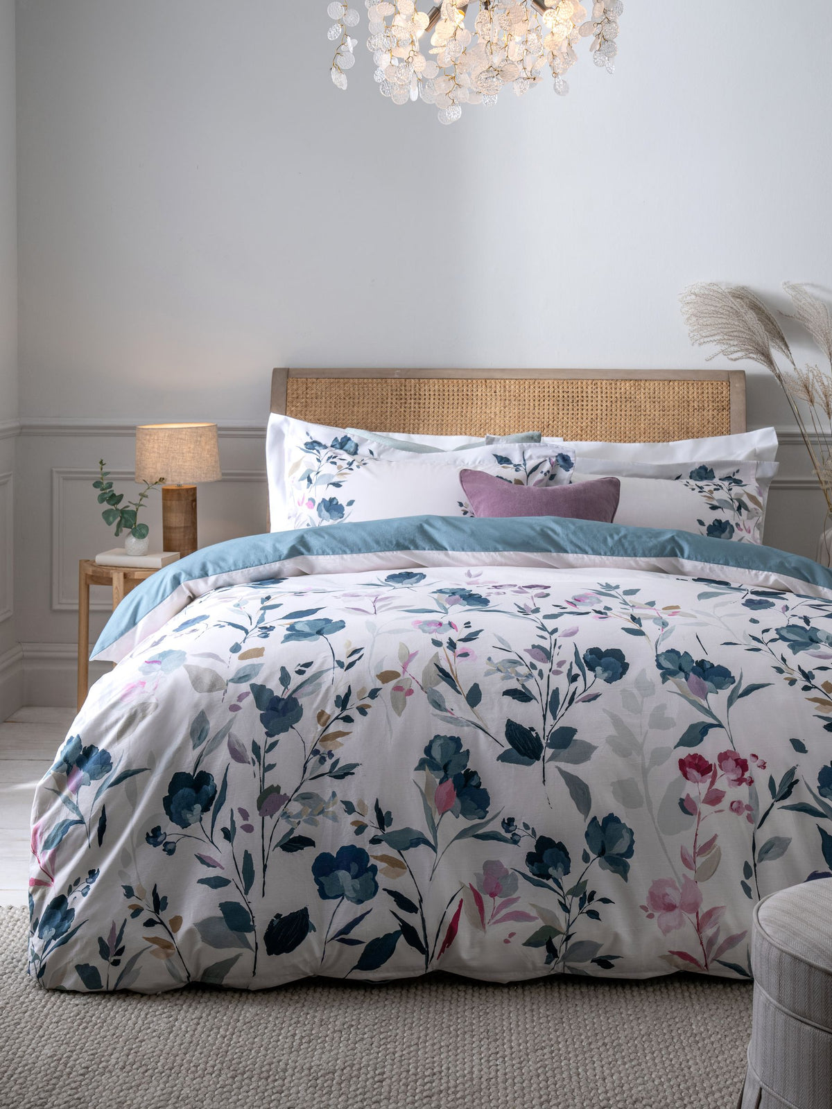 Blue/White Floral Oxford Edge Reversible 100% Cotton Duvet Cover and Pillowcase Set