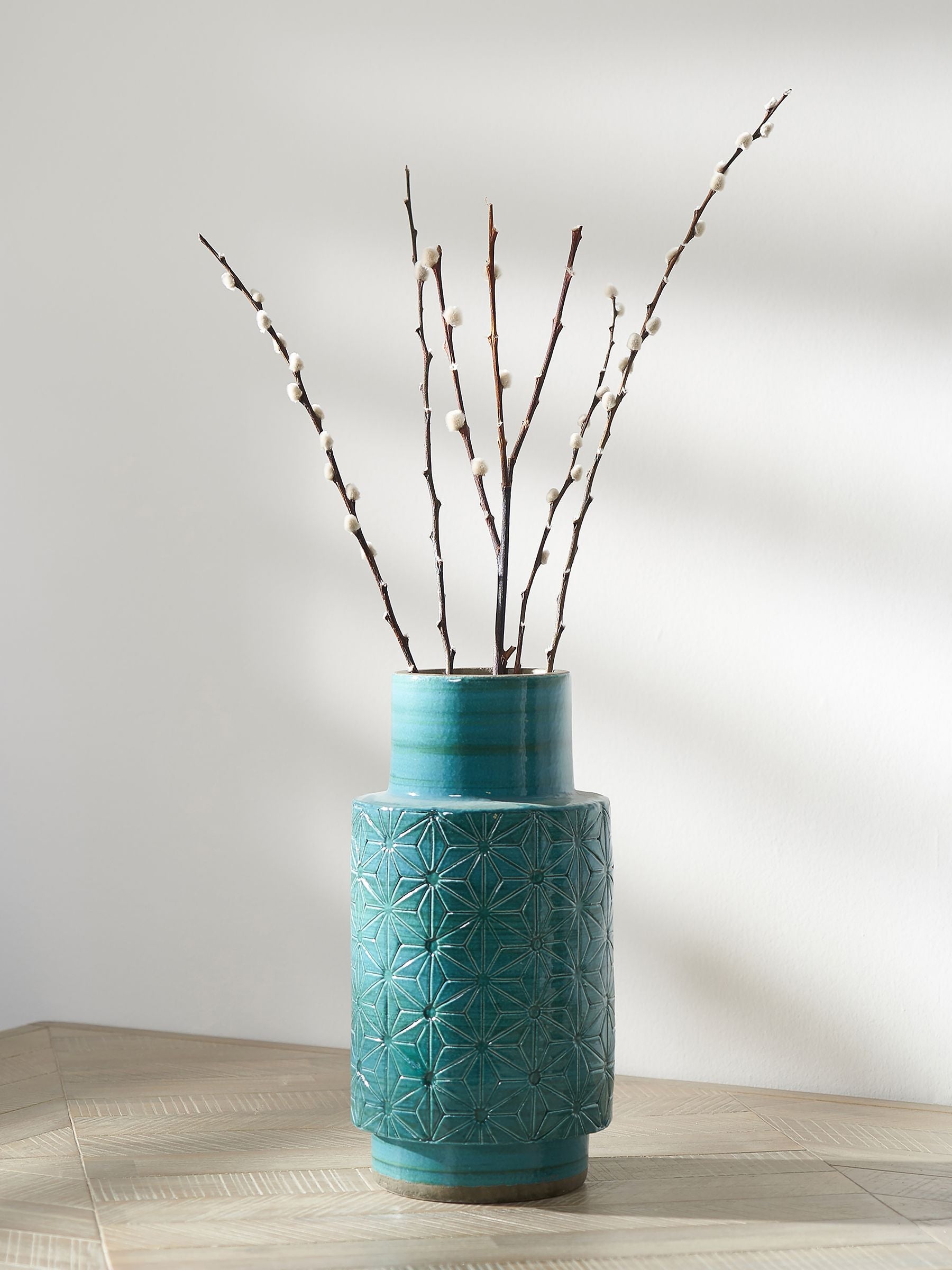 Pacific Aquamarine Blue Sidra Stoneware Etch Detail Vase