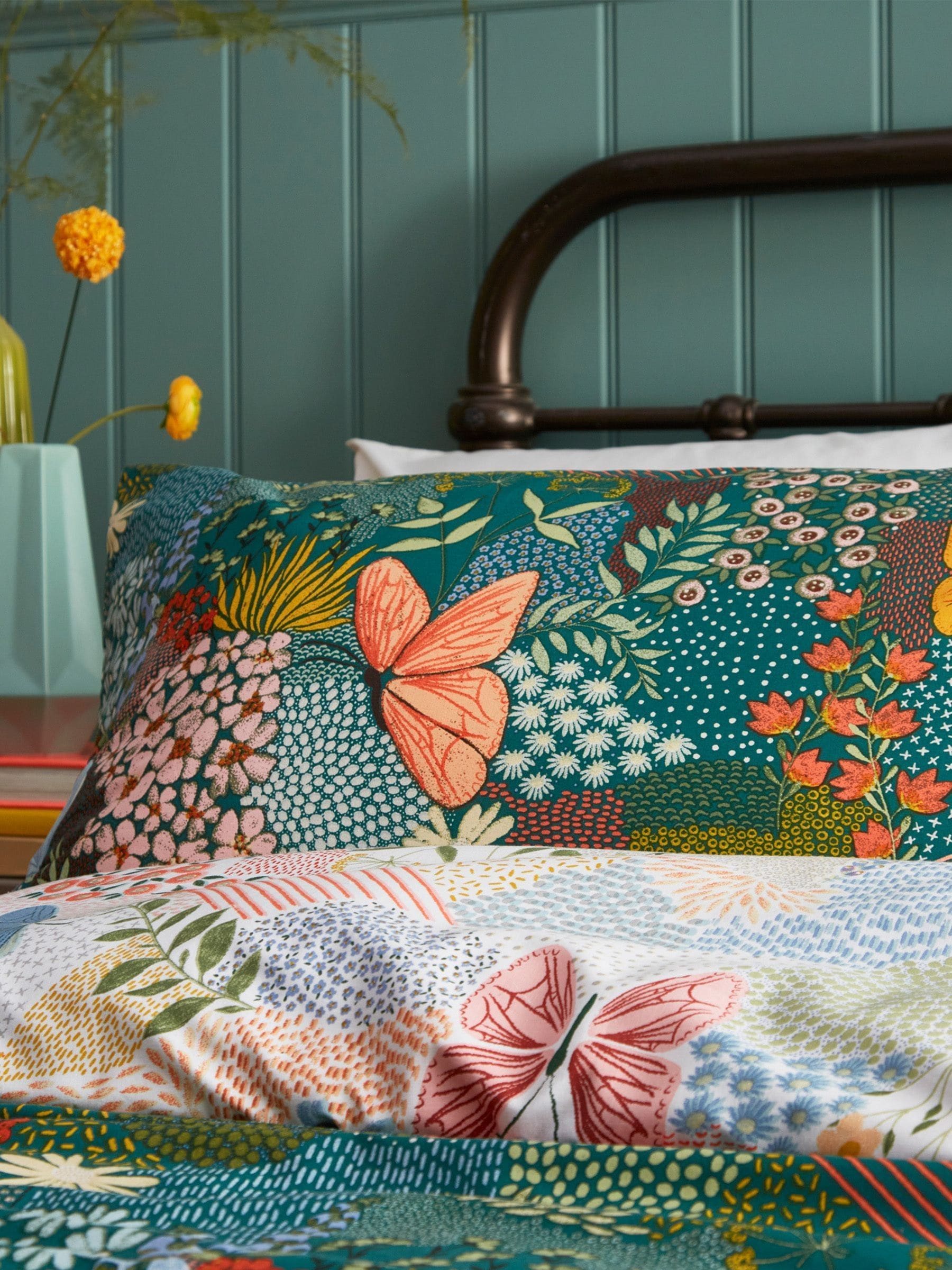 Furn teal blue forage reversible floral duvet cover and pillowcase set - British product