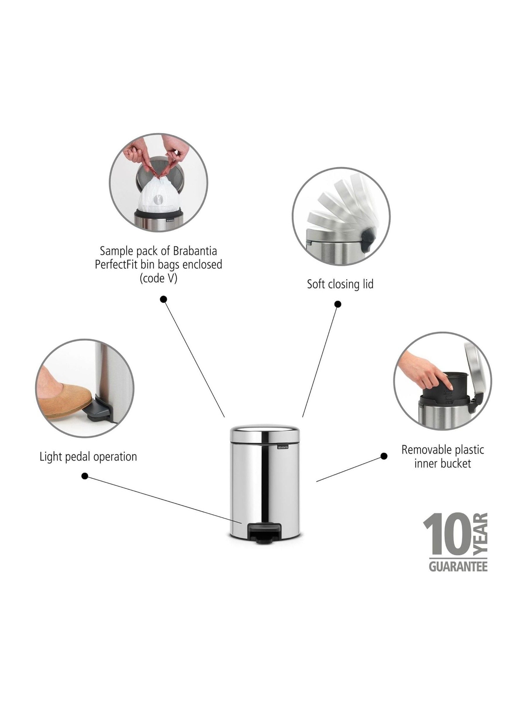 Brabantia Silver NewIcon pedal bin 3L - British product