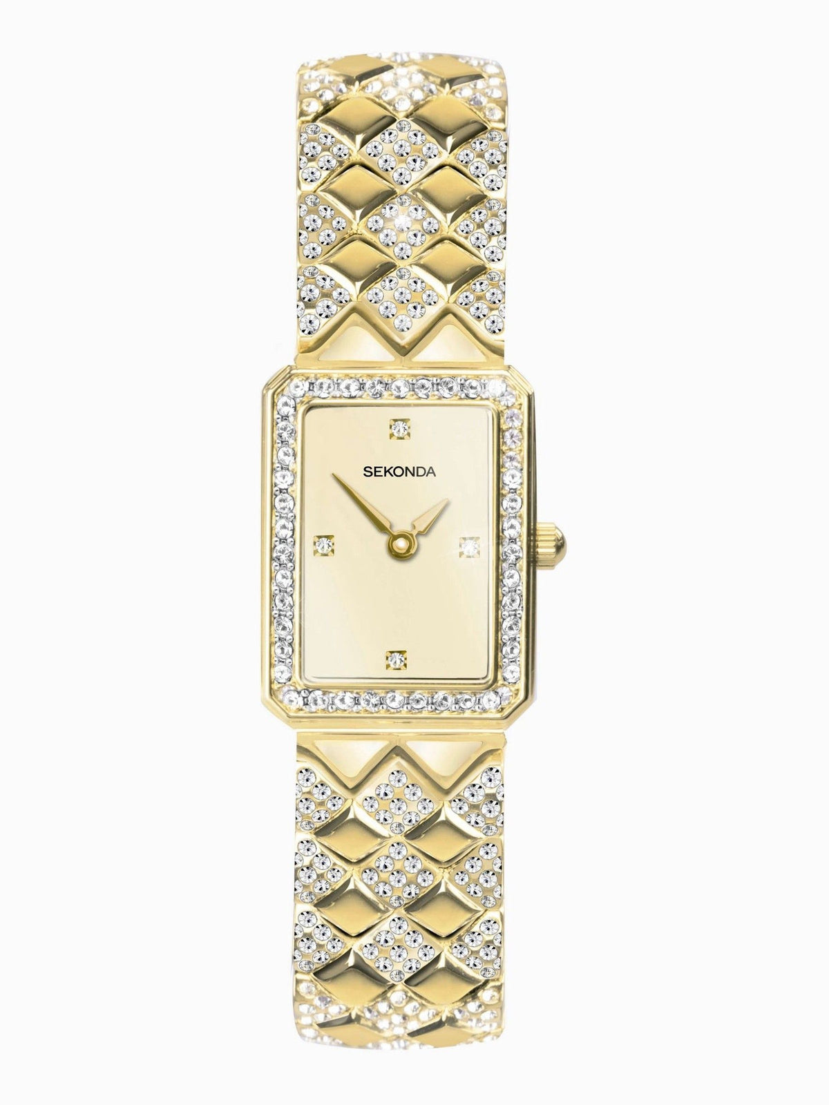 Ladies Gold Tone Stone Set Watch with Quilted Bracelet and Black Dial