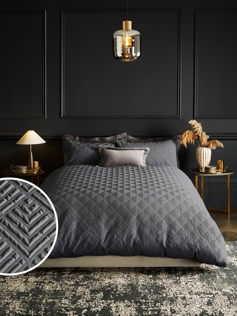 Charcoal grey embossed geometric duvet cover and pillowcase set - British product