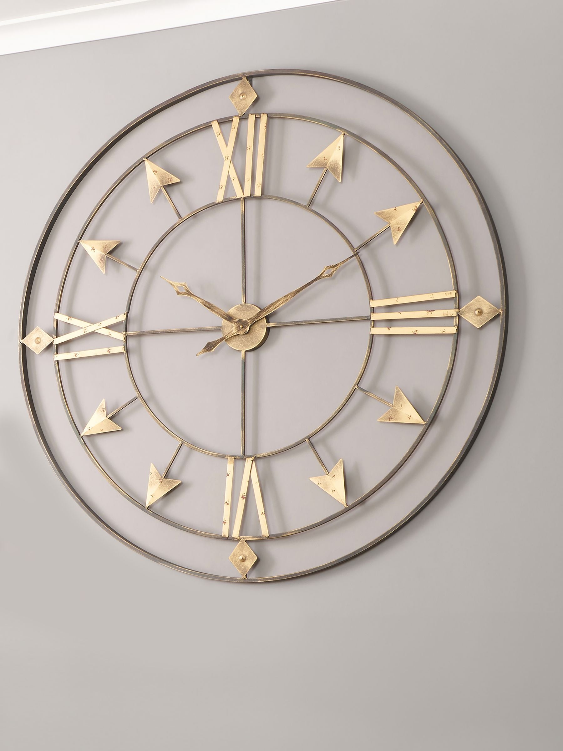 Antique grey and gold metal large round wall clock, imported from the UK