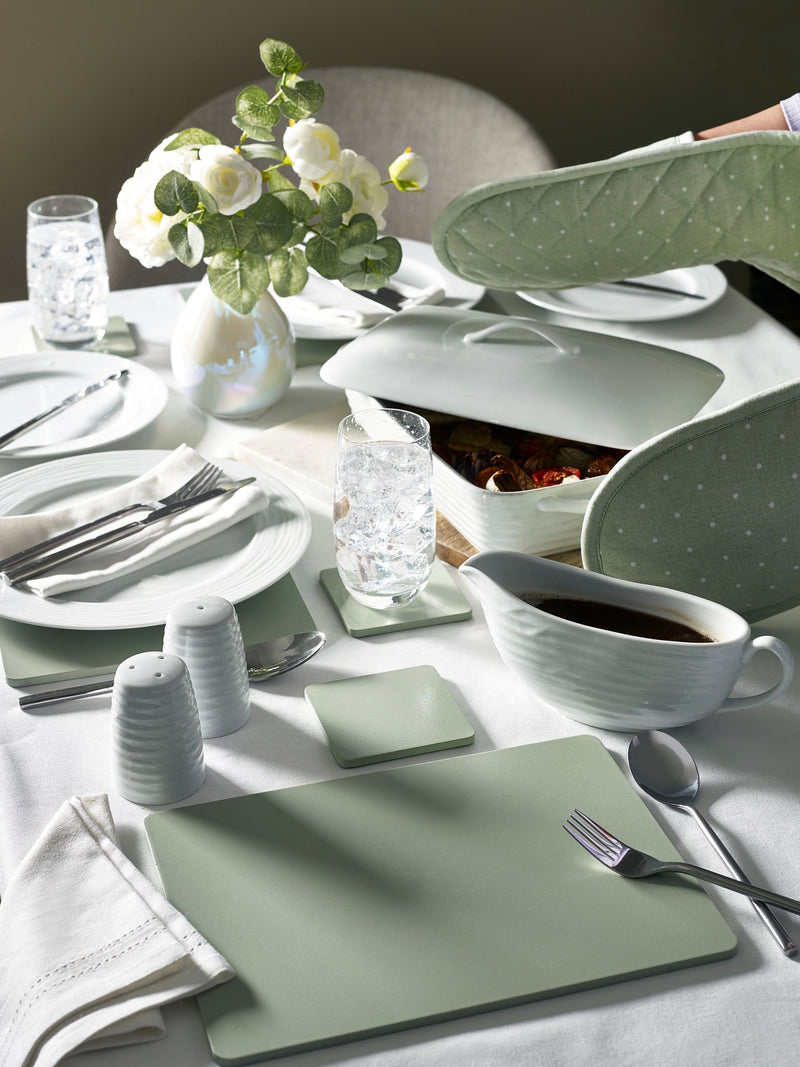 Set of 4 sage green wooden placemats and coasters (British brand)