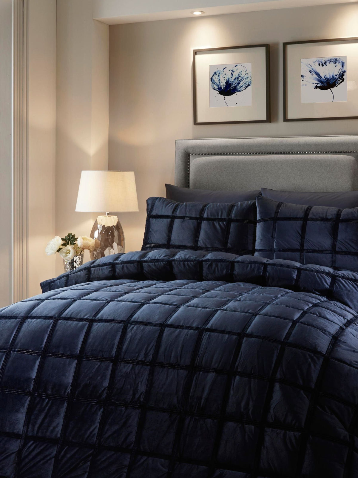 Soiree Blue Brighton Square velvet duvet cover set, imported from the UK