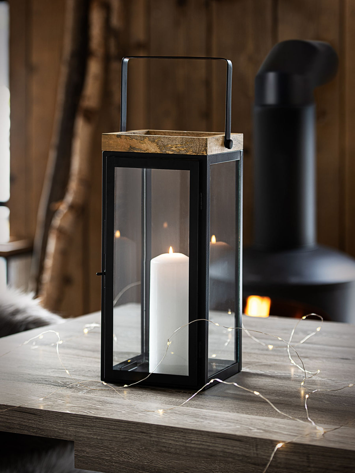 Black Bronx Large Wood And Glass Lantern