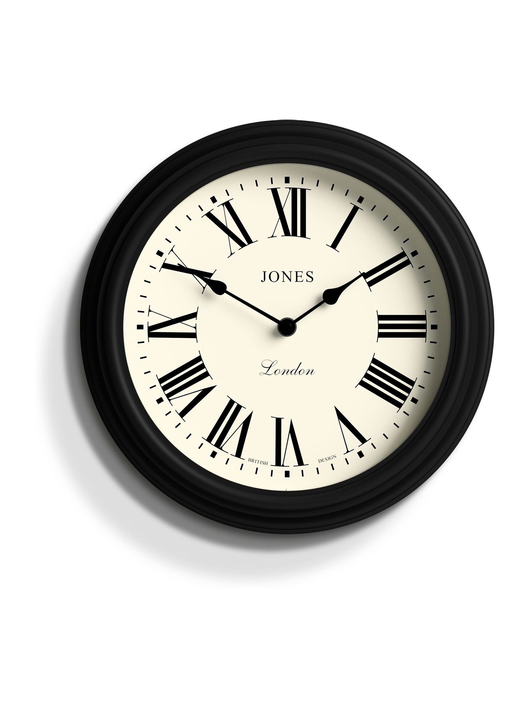 Jones Clocks black Roman numeral wall clock 30.5cm, UK version