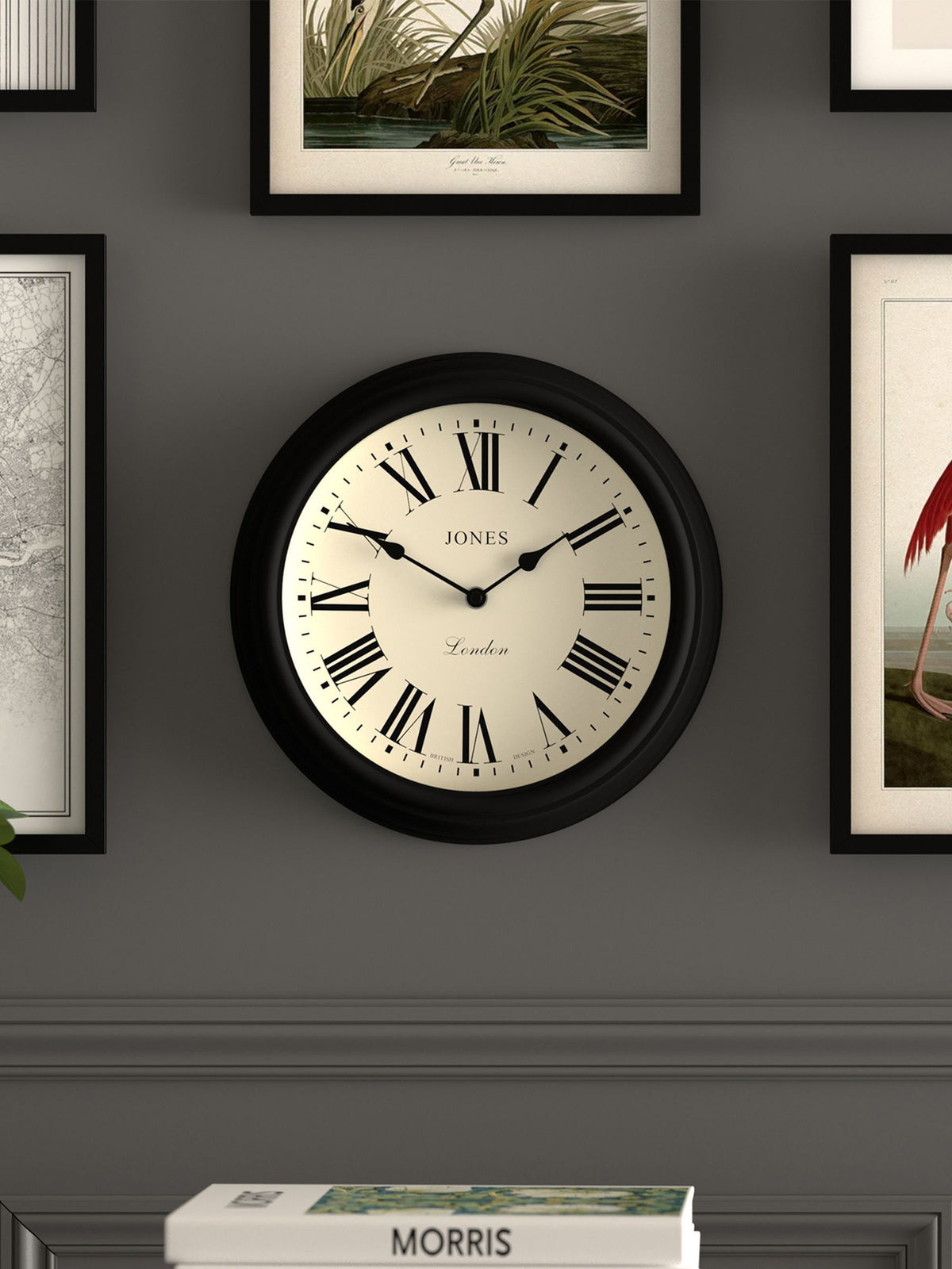 Jones Clocks black Roman numeral wall clock 30.5cm, UK version