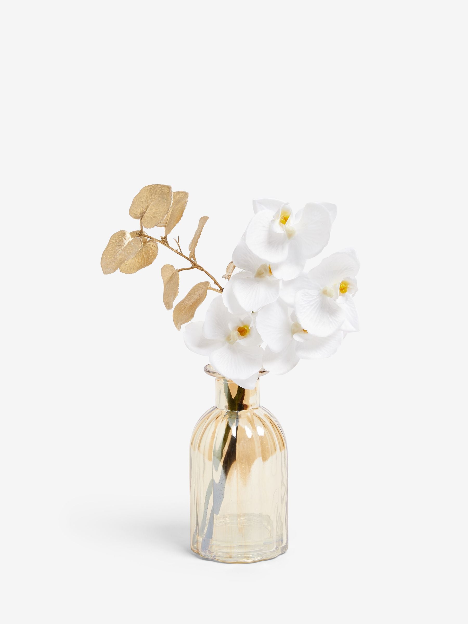 White real touch artificial orchid in gold lustre vase 30cm height (British brand)