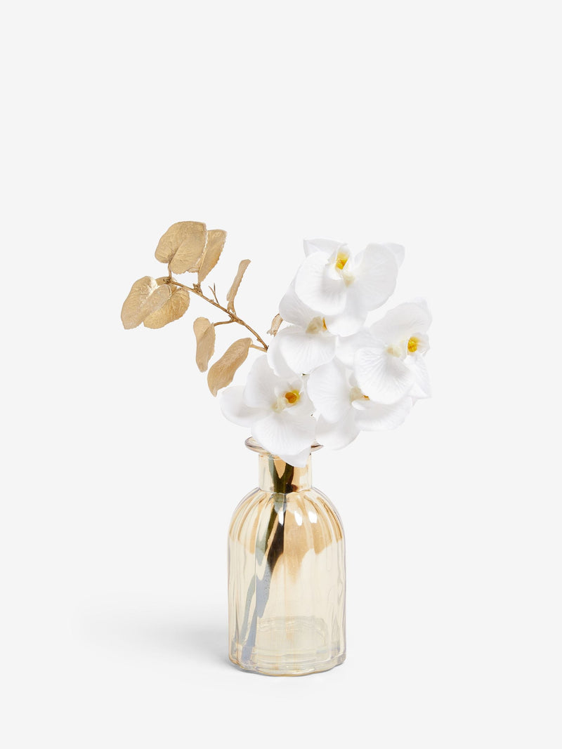 White real touch artificial orchid in gold lustre vase 30cm height (British brand)