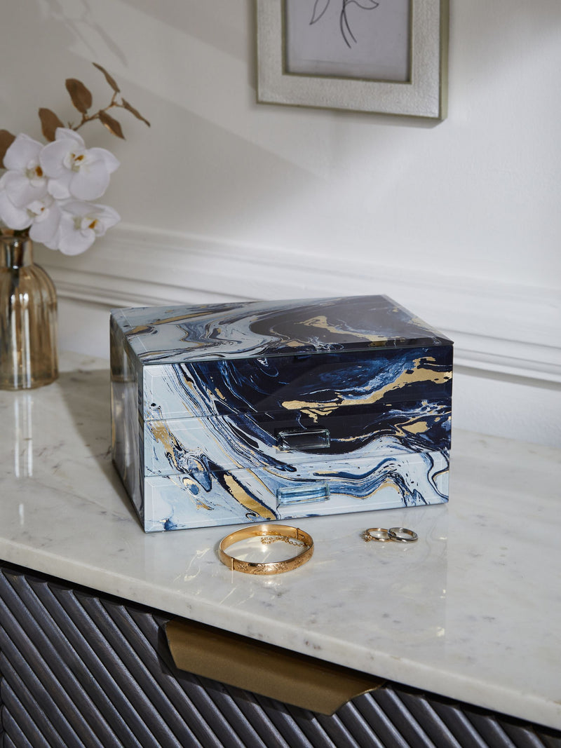 Navy marble effect large glass jewellery box, imported from the UK