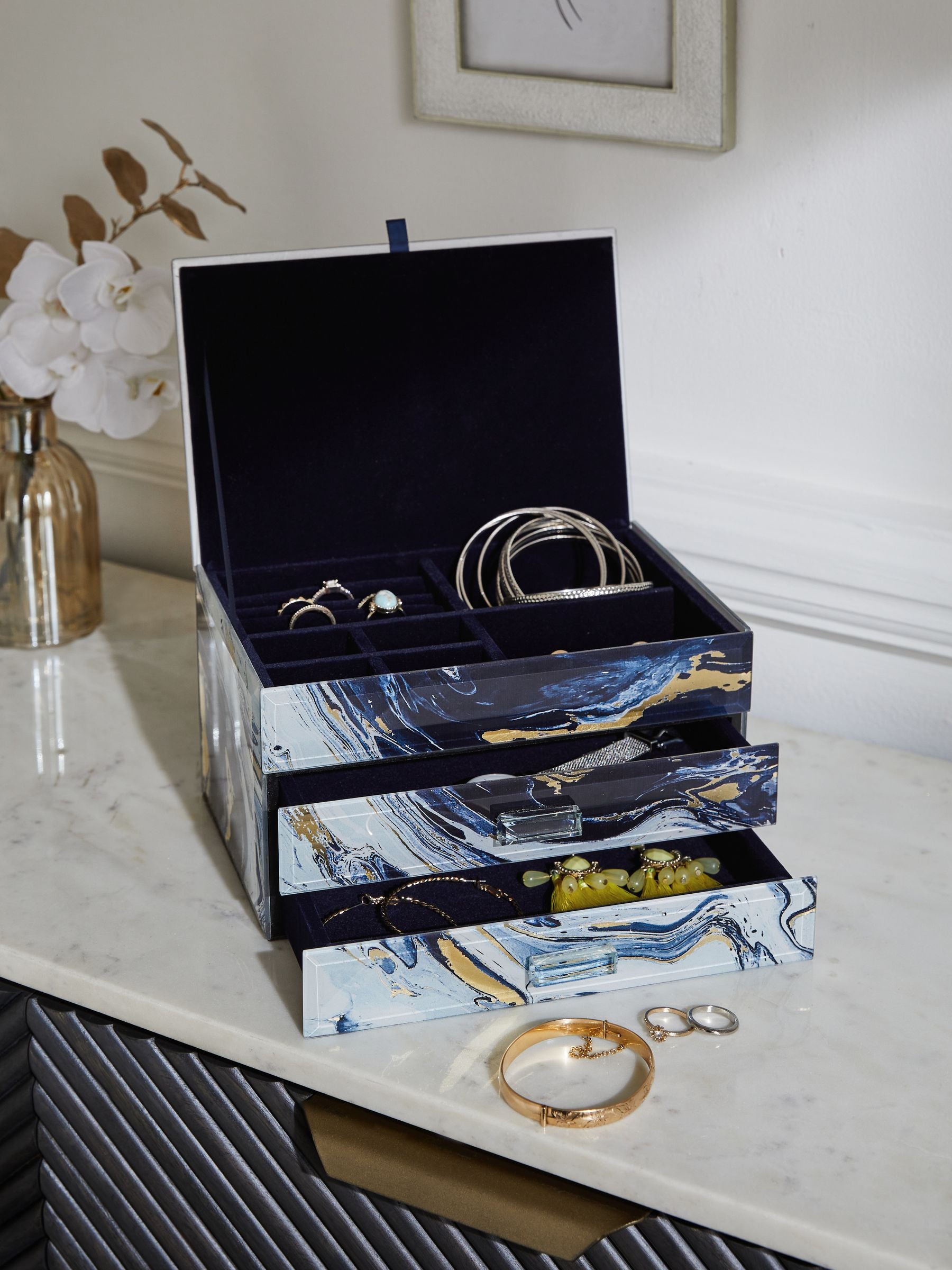 Navy marble effect large glass jewellery box, imported from the UK