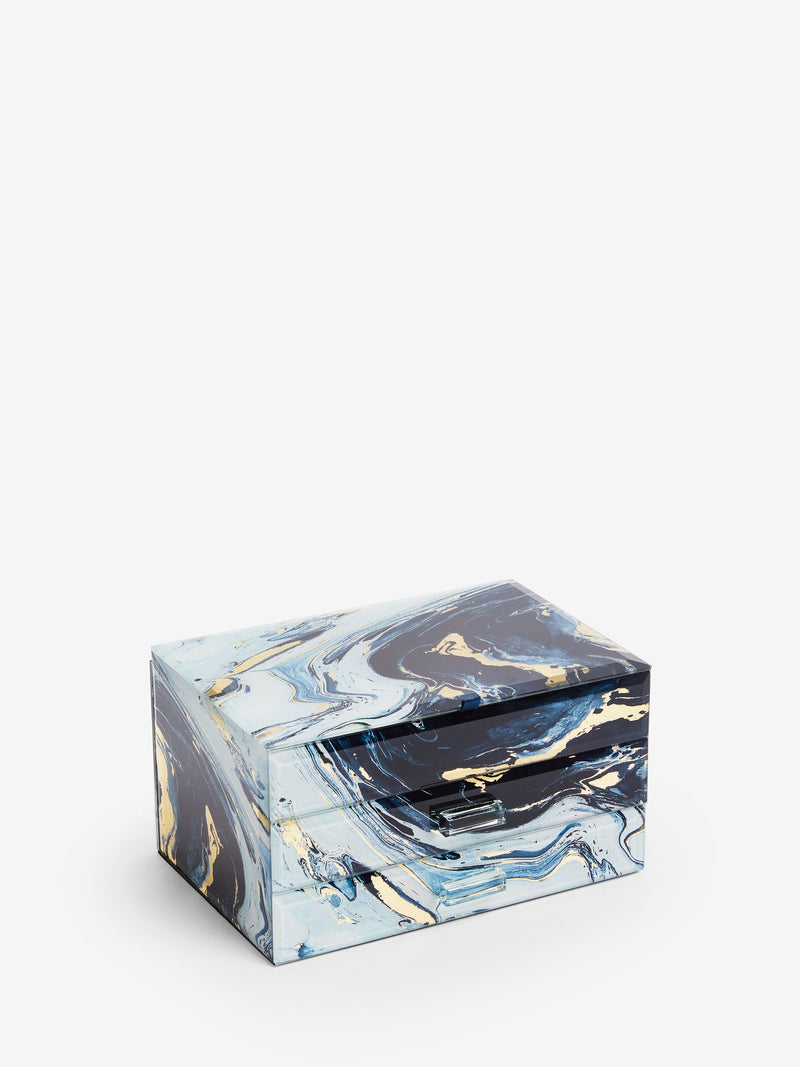 Navy marble effect large glass jewellery box, imported from the UK