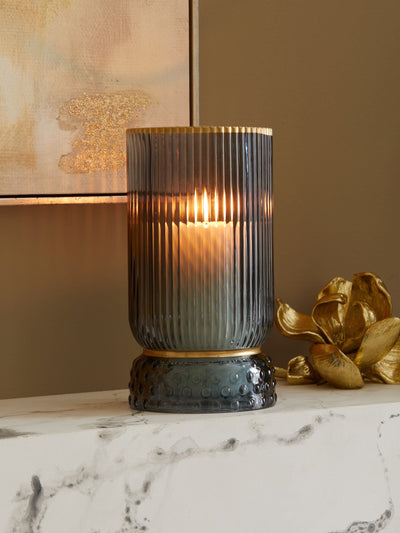 Blue Ribbed Glass Hurricane Candle Holder for Pillar Candles Medium