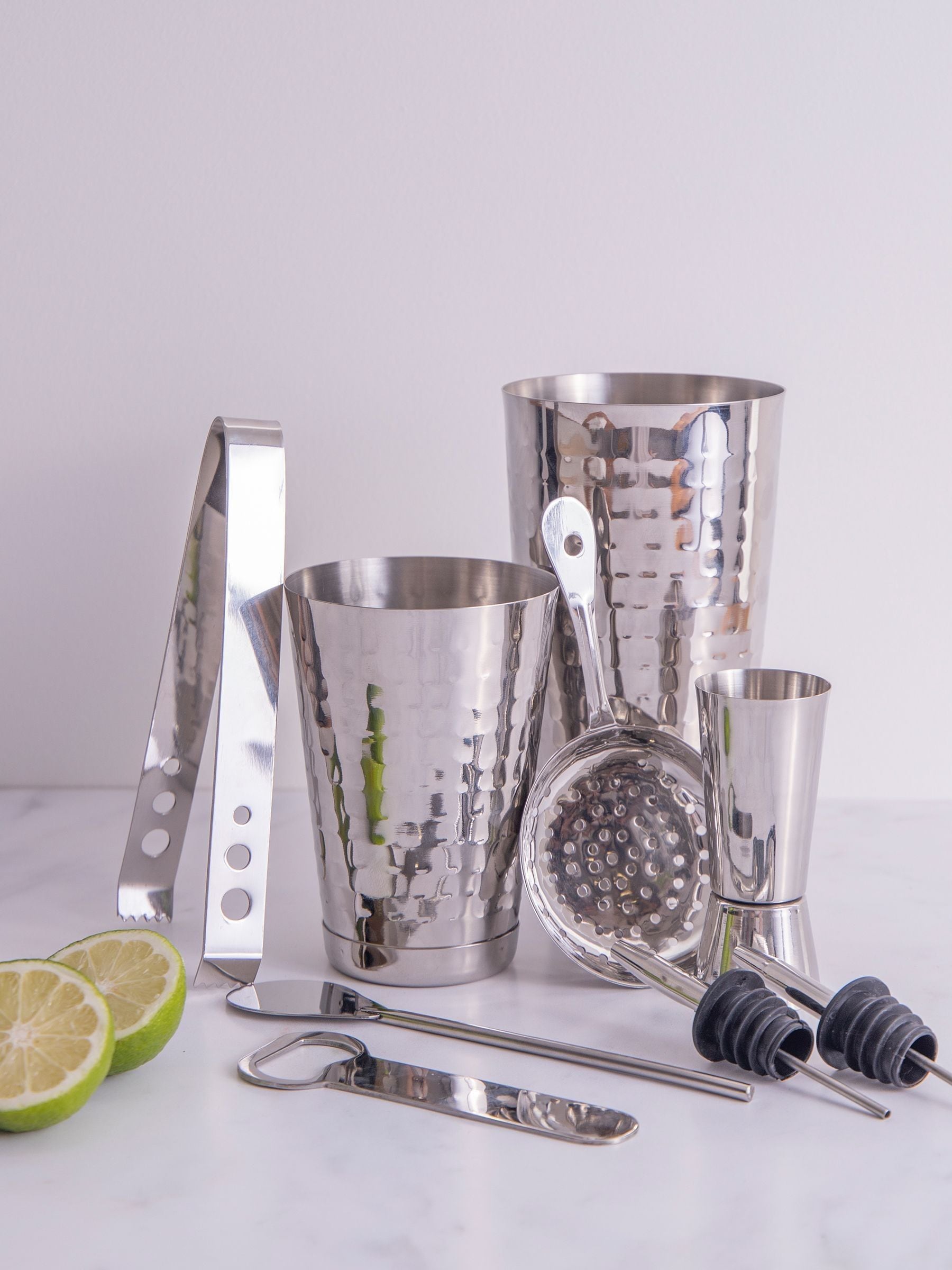 BarCraft 8 piece silver hammered Boston cocktail shaker set - British product
