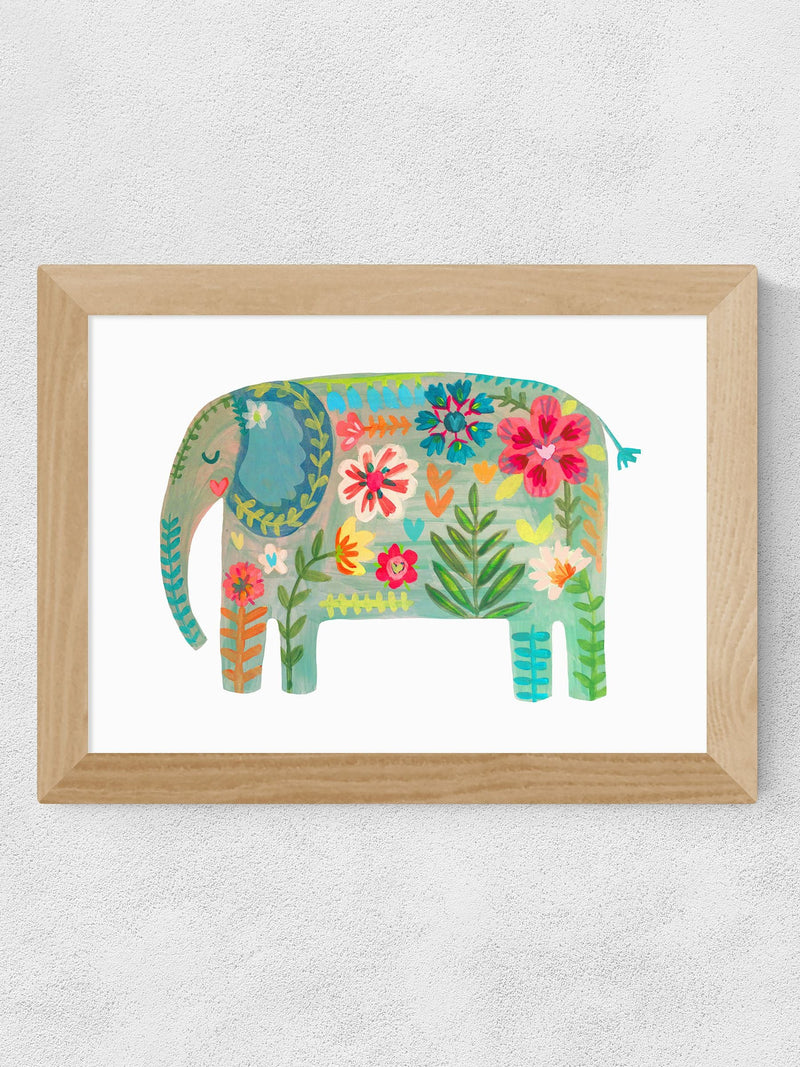 East End Prints White Floral Elephant framed print - British product