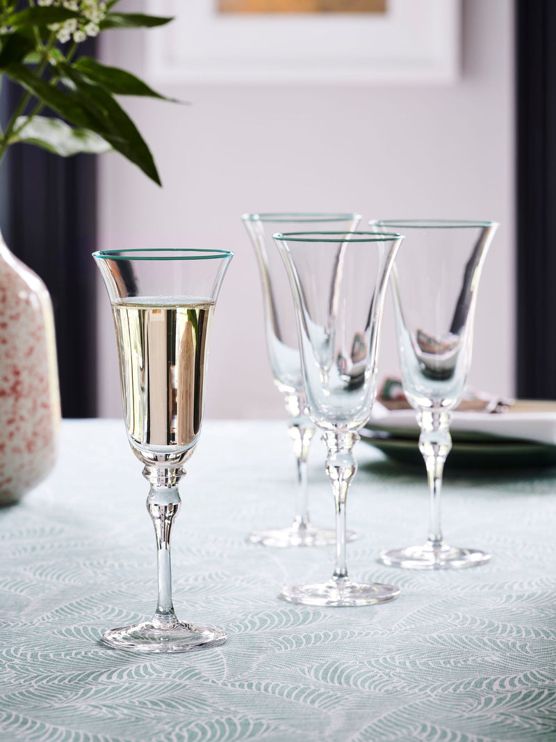 Nina Campbell green rim meadow champagne flute glasses set of 4, imported from the UK
