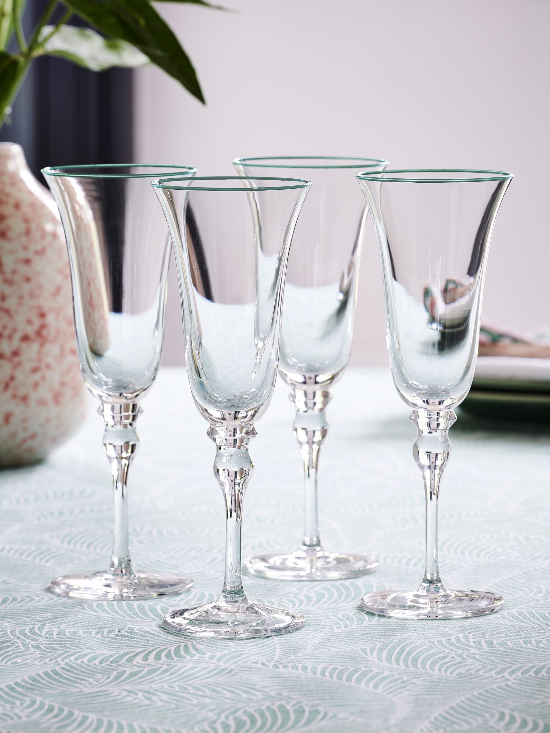 Nina Campbell green rim meadow champagne flute glasses set of 4, imported from the UK