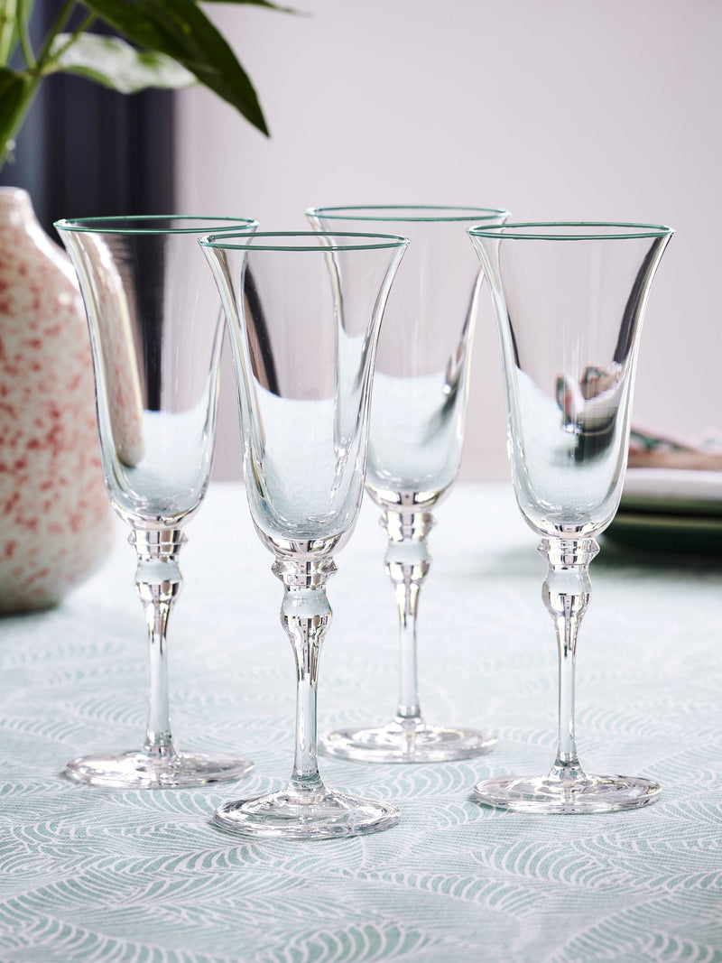 Nina Campbell green rim meadow champagne flute glasses set of 4, imported from the UK