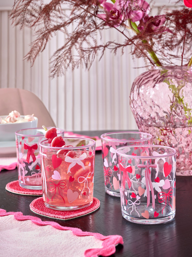 Set of 4 pink heart and bow tumbler glasses (British brand)