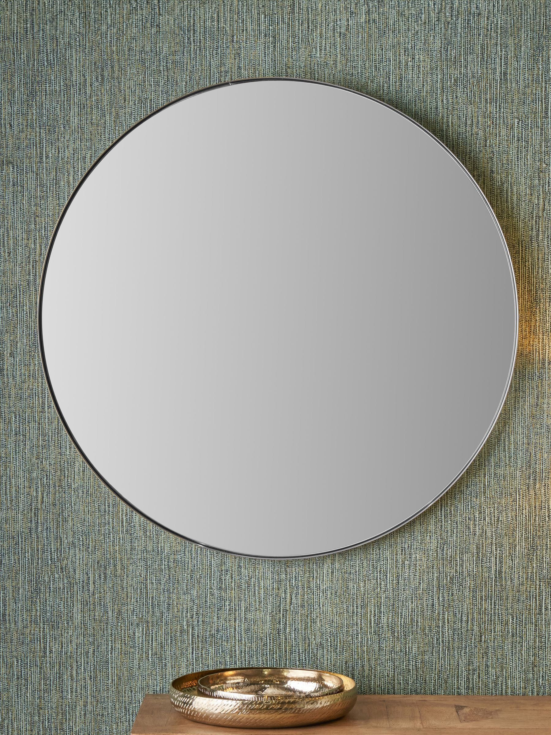 Large round wall mirror with brushed silver slim frame, imported from the UK