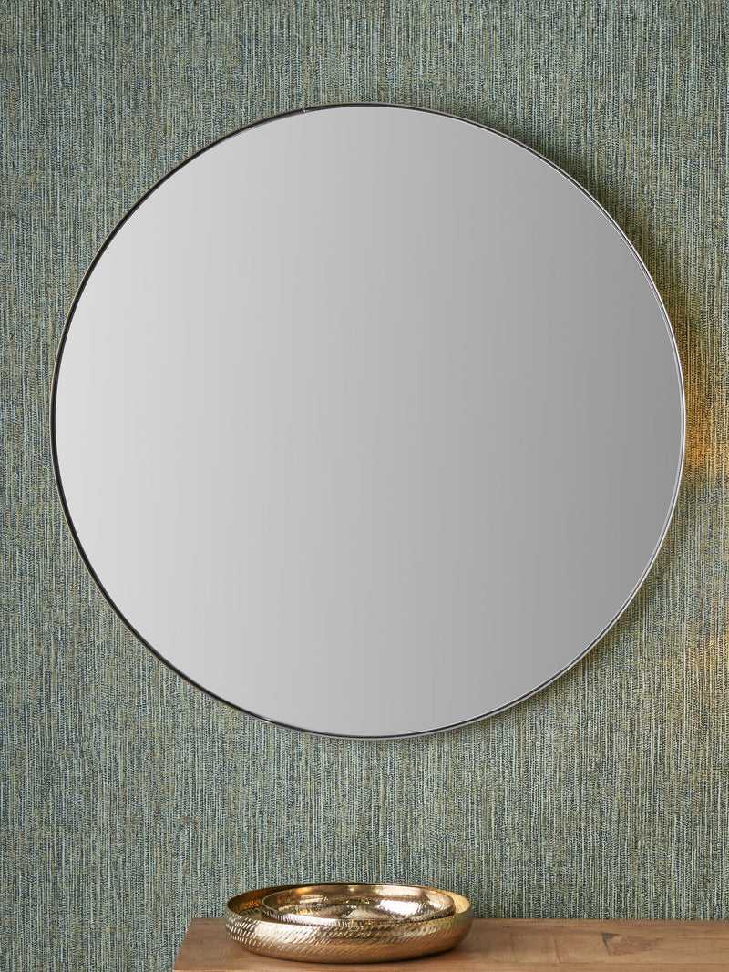 Large round wall mirror with brushed silver slim frame, imported from the UK