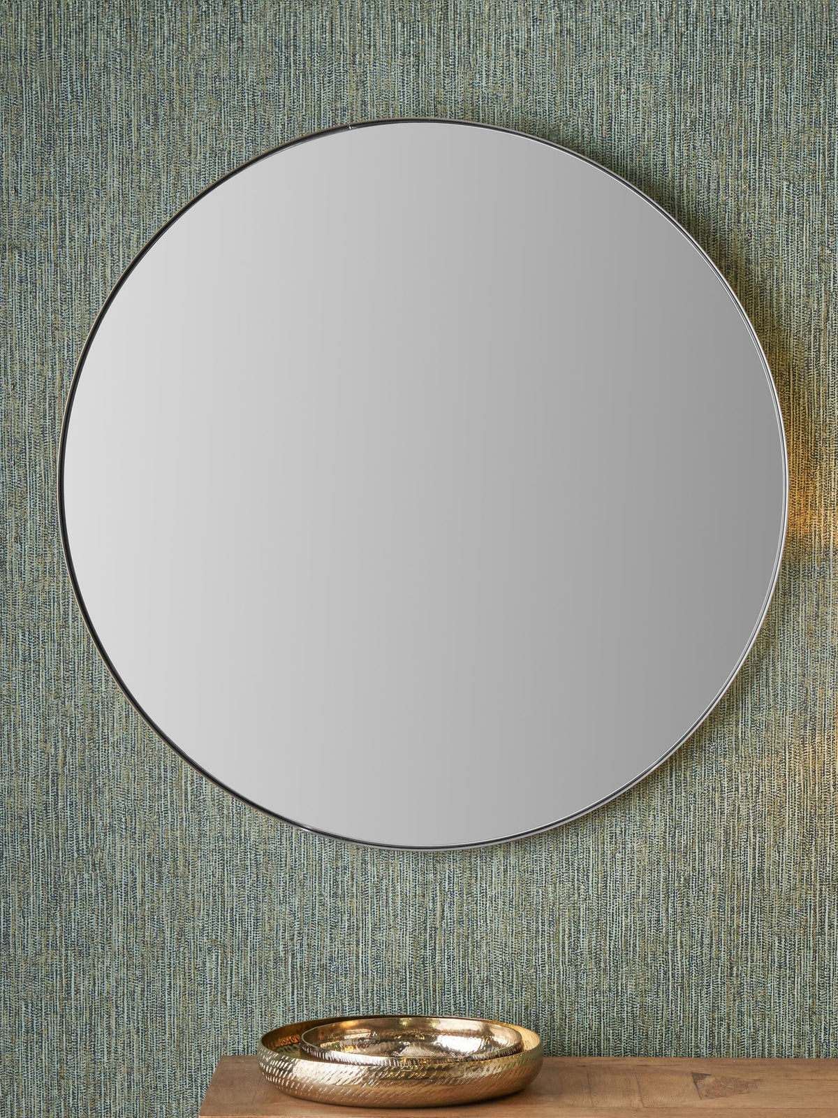Large round wall mirror with brushed silver slim frame, imported from the UK