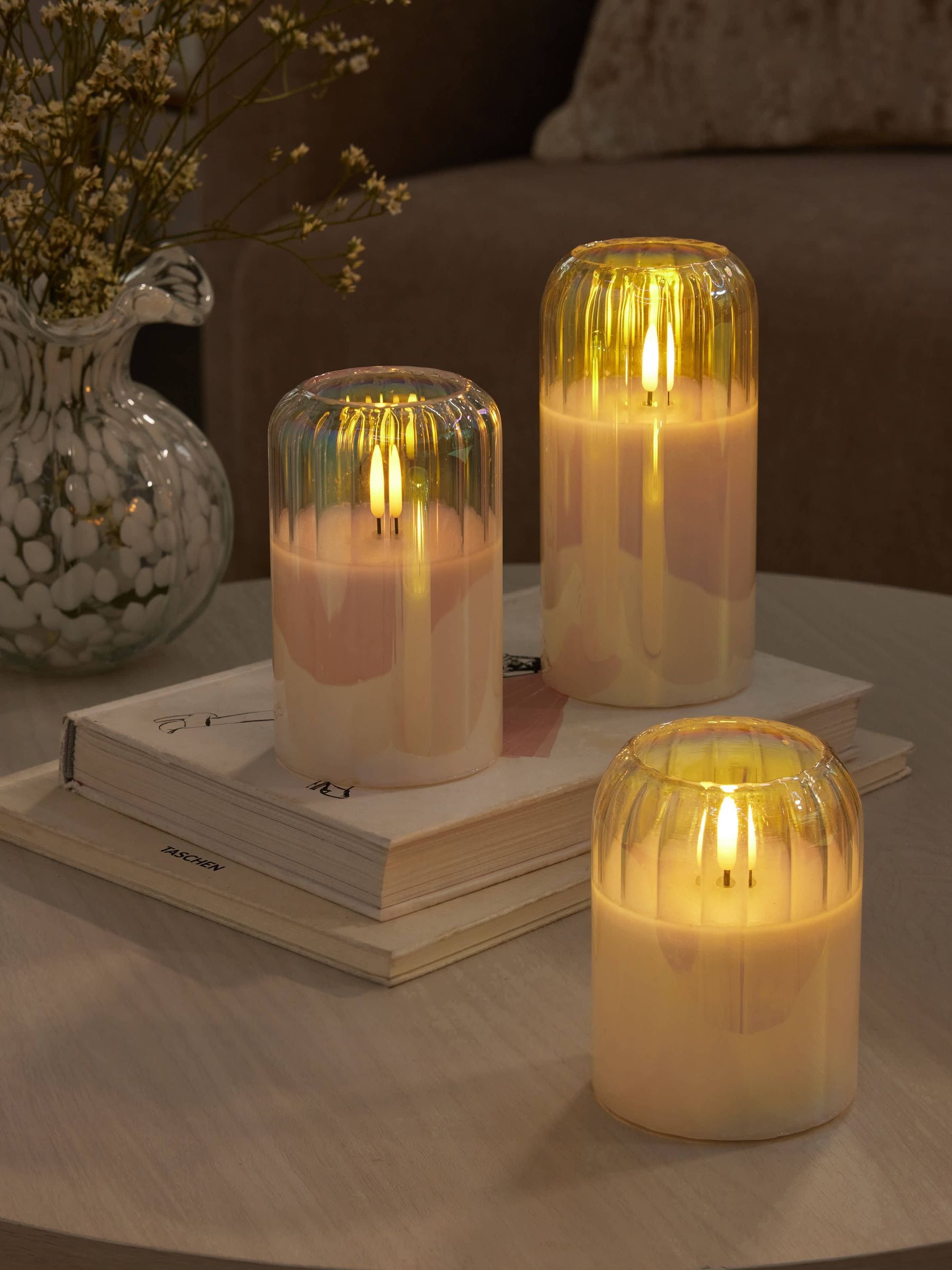 Set of 3 unscented LED pillar candles with glass ribbed cases, 15cm height, UK version