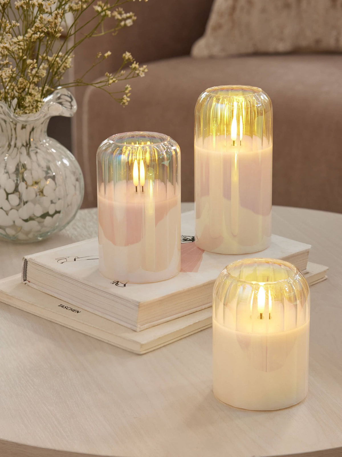Set of 3 unscented LED pillar candles with glass ribbed cases, 15cm height, UK version